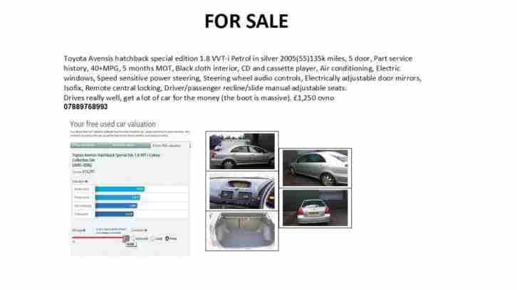 2005 TOYOTA AVENSIS VVTI SILVER (2 brand new rear tyres)